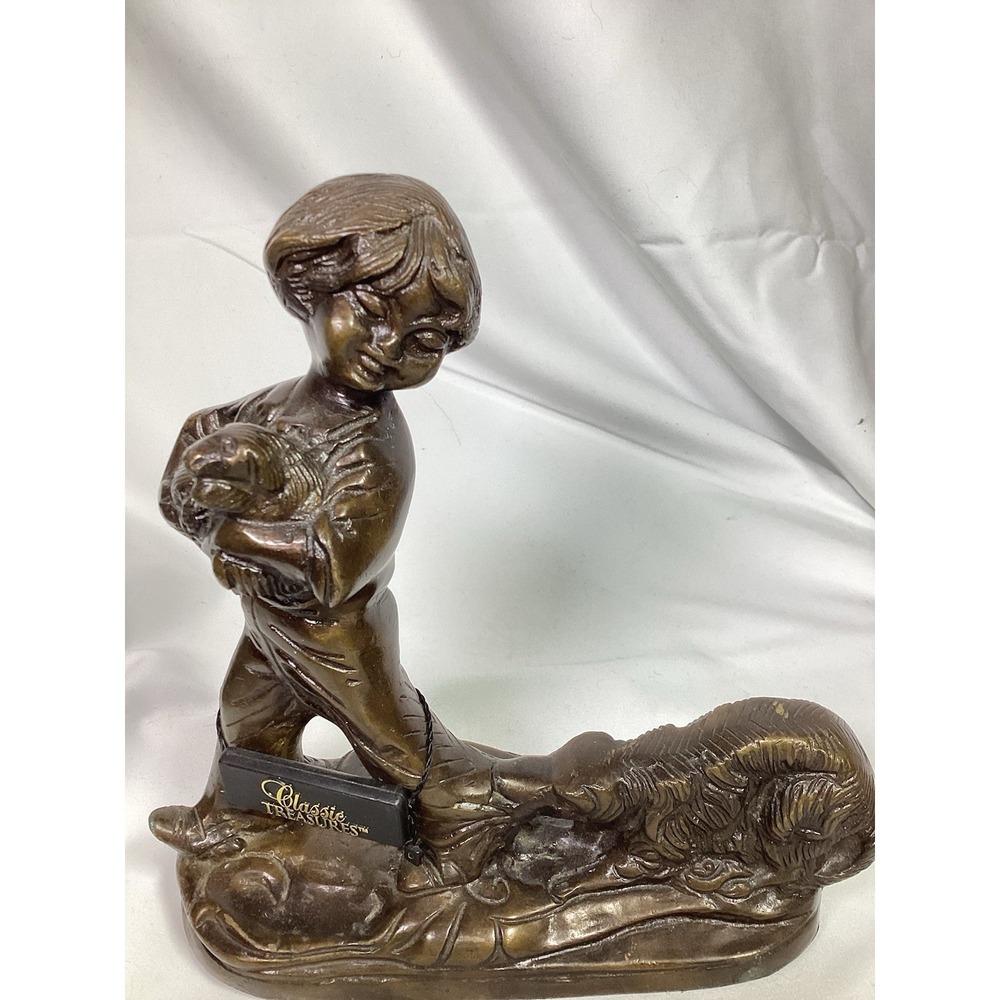 Classic Treasures Bronze Statue Sculpture Boy With Dog Felt Bottom With Tag